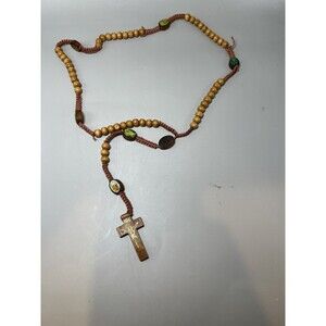 Catholic Rosary Wooden Beads Crucifix Jesus Cross Saints Images Religious Prayer